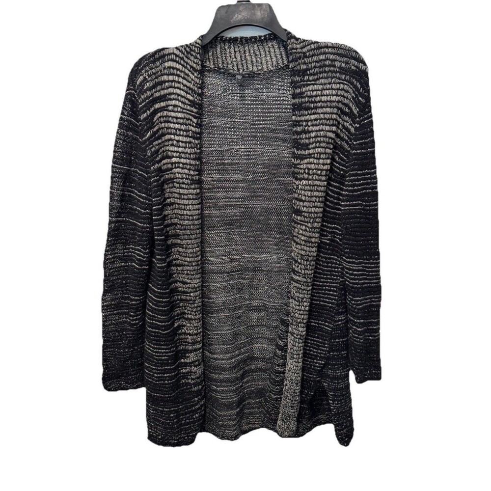 EILEEN FISHER Cardigan Sz L Washable Wool Linen Blurred Stripes Open Front Black